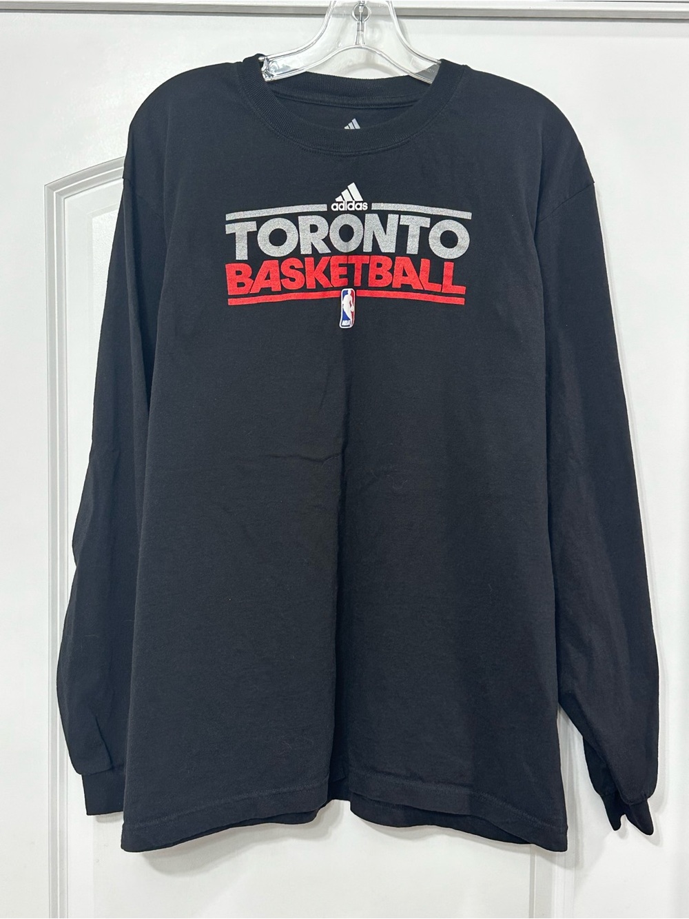 adidas Black Long Sleeve Toronto Basketball Tee with Red Logo